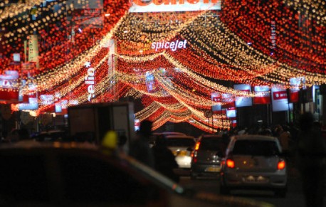 Brigade Road, one of Bangalore’s busiest streets, wearing a Christmas look (Photo by Asha’s Musings)